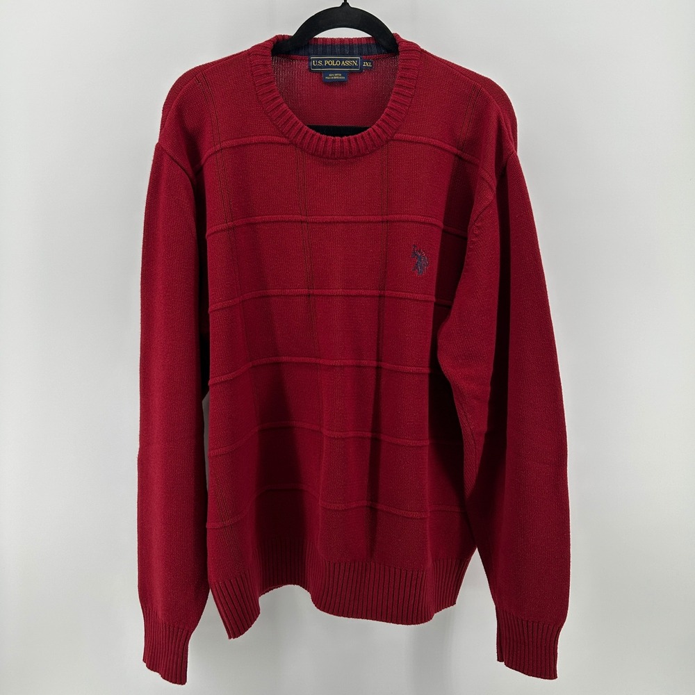 US‎ Polo Assn Red Textured Grid Crewneck Cotton Sweater Men 2XL Preppy Academic